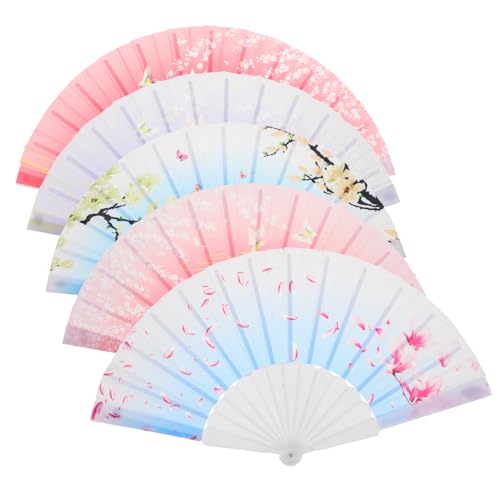 HAMPPLIES 5 Stück Faltfächer im japanischen Stil tragbare Ventilatoren Mini wohnungseinrichtung wohnungsdeko Dekorativer Handfächer mit Blumenmuster Pfauendruckfächer Ornament-Fan Stoff von HAMPPLIES
