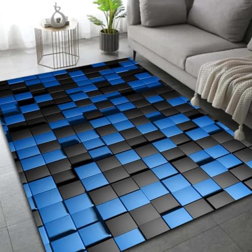 HAN MAN XIU Blauer geometrischer 3D-Teppich, geeignet für Wohnzimmer, Schlafzimmer, Balkon, Küche – rutschfeste Matte für die Wohnraumgestaltung von HAN MAN XIU