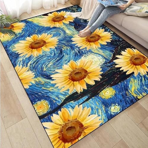 HAN MAN XIU Gelber Teppich mit 3D-Sonnenblumenmuster für Schlafzimmer, Wohnzimmer, Balkon, Küche – rutschfeste Matte für die Inneneinrichtung von HAN MAN XIU