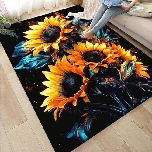 HAN MAN XIU Gelber Teppich mit 3D-Sonnenblumenmuster für Schlafzimmer, Wohnzimmer, Balkon, Küche – rutschfeste Matte für die Inneneinrichtung von HAN MAN XIU