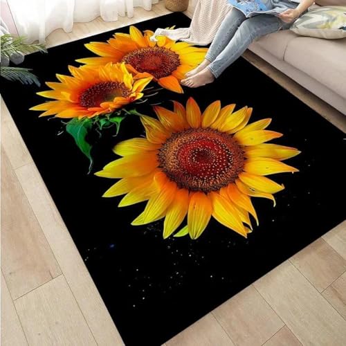 HAN MAN XIU Gelber Teppich mit 3D-Sonnenblumenmuster für Schlafzimmer, Wohnzimmer, Balkon, Küche – rutschfeste Matte für die Inneneinrichtung von HAN MAN XIU