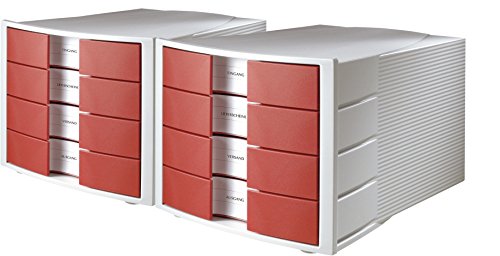 HAN 1010-X-17, 2er Set Schubladenbox IMPULS, Innovatives, attraktives Design in höchster Qualität. Mit großem Beschriftungsfeld und 4 geschlossenen Schubladen, lichtgrau/rot von HAN