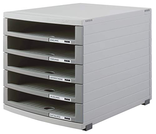HAN Schubladenbox CONTUR mit 5 hohen offenen Schubladen bis Format B4, Auszugsperre, Beschriftungsschilder, Gummifüße, modular erweiterbares Schubladensystem, 1505-0-19, lichtgrau-dunkelgrau von HAN