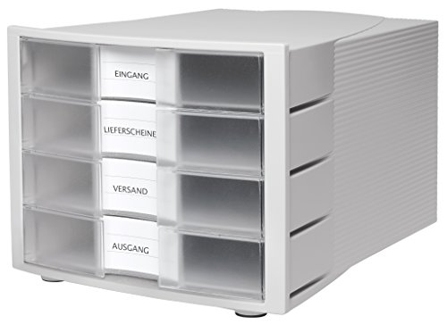 HAN Schubladenbox IMPULS 1010-X-63 in Lichtgrau/Transluzent-Klar / Stapelbare Sortierablage mit 4 großen, geschlossenen Schubladen für DIN A4/C4 / inkl. Beschriftungsschilder von HAN