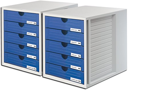 HAN Schubladenbox SYSTEMBOX 1450 mit 5 geschlossenen Schubladen für Formate bis C4 (Lichtgrau-Blau / 2 Boxen) von HAN