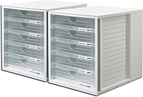 HAN Schubladenbox SYSTEMBOX 1450 mit 5 geschlossenen Schubladen für Formate bis C4 (transluzent-klar / 2 Boxen) von HAN