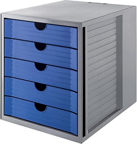 HAN Schubladenbox SYSTEMBOX KARMA mind. 80% Recycling-Kunststoff mit 5 geschlossenen Schubladen, Schreibtisch, Schrank, inkl. Auszugsperre + Beschriftungsclip, Gummifüße, 14508-16, lichtgrau / blau von HAN