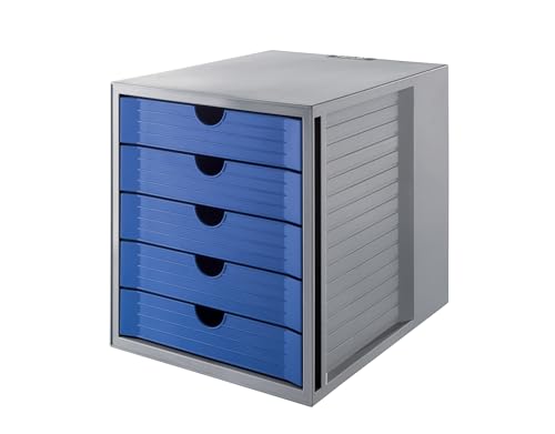 HAN Schubladenbox SYSTEMBOX KARMA mind. 80% Recycling-Kunststoff mit 5 geschlossenen Schubladen, Schreibtisch, Schrank, inkl. Auszugsperre + Beschriftungsclip, Gummifüße, 14508-16, lichtgrau/blau von HAN