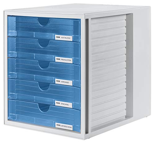 HAN Schubladenbox SYSTEMBOX mit 5 geschlossenen Schubladen, Schreibtisch oder im Schrank, inkl. Auszugsperre + Beschriftungsclip, möbelschonende Gummifüße, 1450-64, lichtgrau / transluzent-blau von HAN