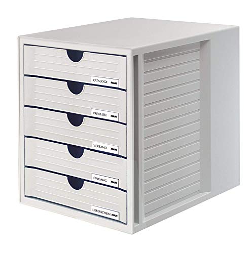 HAN Schubladenbox SYSTEMBOX mit 5 geschlossenen Schubladen für Unterlagen bis DIN C4, Schreibtisch oder im Schrank, inkl. Auszugsperre + Beschriftungsclip, möbelschonende Gummifüße, 1450-11, lichtgrau von HAN
