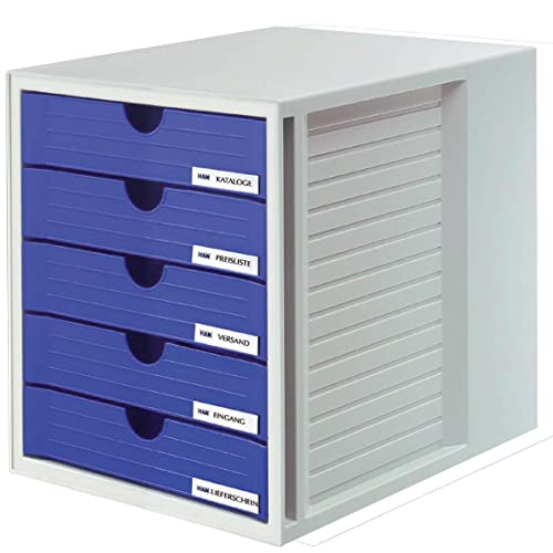 HAN Schubladenbox SYSTEMBOX mit 5 geschlossenen Schubladen für bis DIN C4, Schreibtisch oder im Schrank, inkl. Auszugsperre + Beschriftungsclip, möbelschonende Gummifüße, 1450-14, lichtgrau / blau von HAN