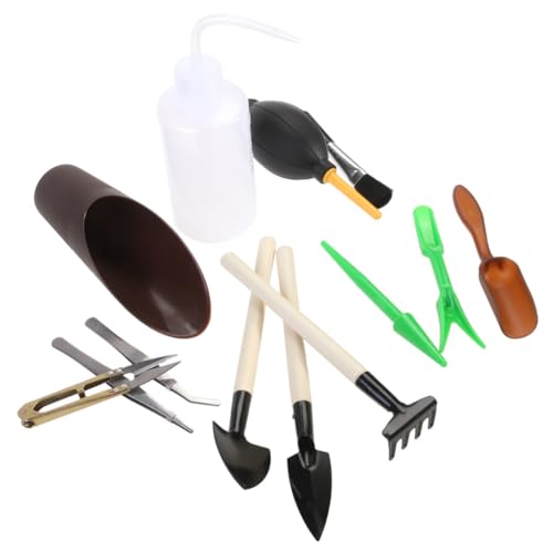 HANABASS 13 Stück Teiliges Mini Gartenwerkzeug Set für Sukkulenten und Bonsai Vielseitige Handgeräte zum Umpflanzen Gießen mit Gebogenem Wasserspender Luftblasgerät Pinzette Schere und von HANABASS