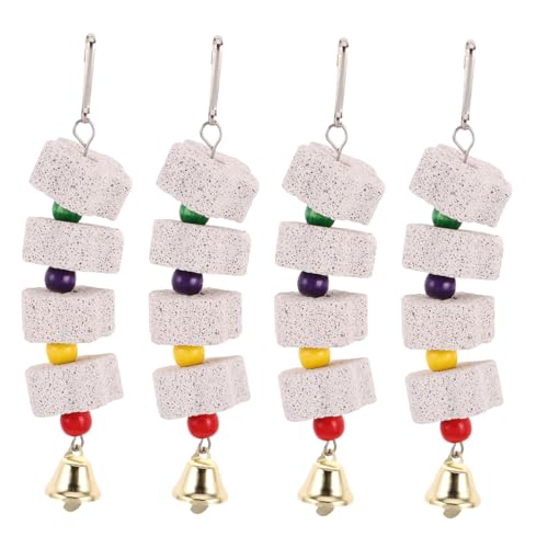 HANABASS 4 Stück Teiliges Papagei Schnabel Schleifstein mit Bunter Perlenkette und Glocke Kauspielzeug zur Schnabelpflege für Wellensittiche Nymphensittiche und Afrikanische Graupapageien von HANABASS