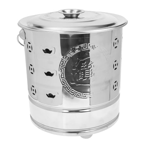 HANABASS Edelstahl Verbrennungstonne mit Belüftung und Deckel Hitzebeständig Stabiles Design Vielseitig für Garten Balkon und Tempel Kleiner Haushalt Papierverbrenner Silberfarben von HANABASS