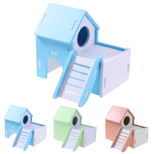 HANABASS Hamsterhaus aus Natürlichem Holz Doppeldeckige Villa mit Leiter Geräumiges Versteck und Schlafnest Wasserfest Geeignet für Hamster Mäuse Meerschweinchen und Kleine Haustiere Blau von HANABASS
