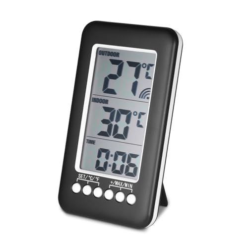 HANABASS Kabelloses Indoor Outdoor Thermometer mit Digitaler Anzeige Temperaturmessung für Zuhause Kühlschrank und Gefrierschrank Kabelloser Sensor mit Reichweite Digitale Uhrfunktion von HANABASS