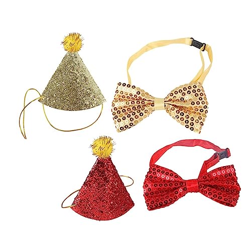 HANABASS Kleine und Mittelgroße Haustier Geburtstagshüte mit Verstellbarer Fliege Atmungsaktiv Schimmernde Pailletten Teiliges Party Dekorationsset für Katzen und Hunde Zufällige Farbe von HANABASS
