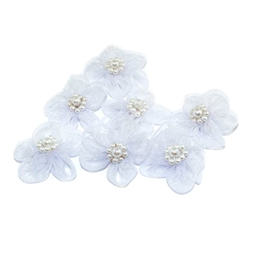 HAND H0631 Fünf Blütenblätter Zehn-Korn-Organza-Blumen-nähen auf Borten, Verzierungen mit Perlen-Zentren Größe 35 mm Packung mit 10 White von HAND