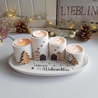 Deko Advent Kerzen Teller Set - Fröhliche Weihnachten Skandi Stil Mit Holz Häuschen, Kerzenständer Artikel Beschreibung Lesen von HANDGEMACHTvonTHELKA