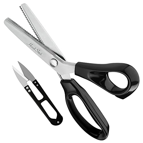 Handi Stitch Zackenschere Stoff mit Fadenschneider – 23cm Länge – Schneiderschere Stoffschere Profi – 3mm Klingen mit Schwarzen Griffen – Zickzackschere Stoff Edelstahl Schere Nähen für Stoff, Papier von HANDI STITCH