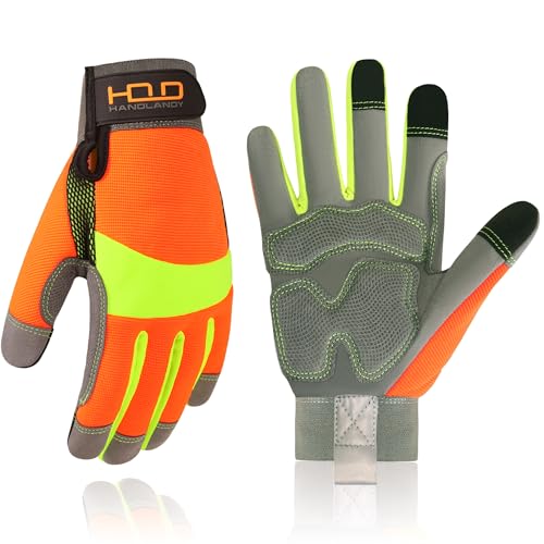 HANDLANDY Anti-Vibrations Handschuhe, Gut Sichtbare, Reflektierende Sicherheits Arbeitshandschuhe, Touchscreen flexible Spandex-Rückseite Anti Vibrant Gloves Gelb und Orange klein von HANDLANDY