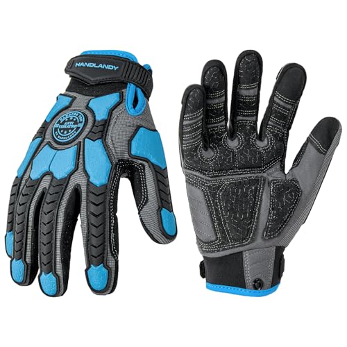 HANDLANDY Anti-Vibrations-Handschuhe Männer Stoßfeste Arbeitshandschuhe, gepolsterte Handfläche Grip Heavy Duty Arbeitshandschuhe (Blau, XL) von HANDLANDY