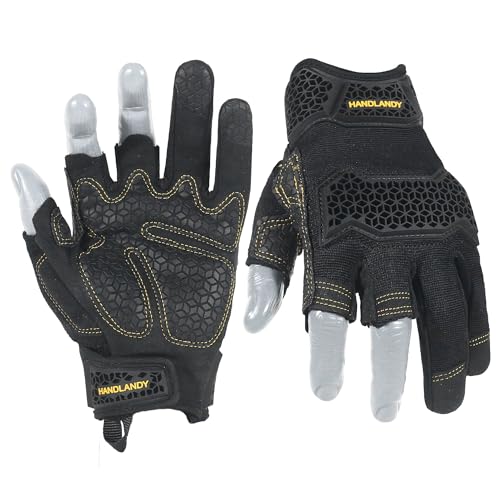 HANDLANDY Fingerless Framer Arbeitshandschuhe für Männer, Utility Grip Paded Handschuhe für Schießen Jagd Fahren (Schwarz, M) von HANDLANDY