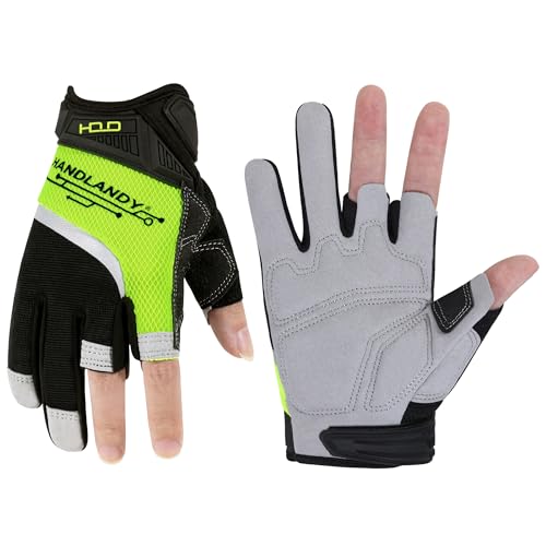 HANDLANDY Arbeitshandschuhe für Zimmermann mit offenen Fingern, Tischlerhandschuhe ohne Finger für erhöhte Geschicklichkeit, Schwarz & Gelb, XL von HANDLANDY