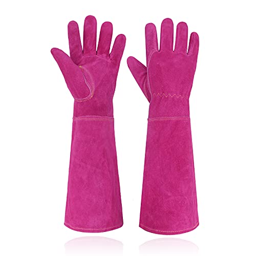 HANDLANDY Gartenhandschuhe aus Rindsleder für Damen, Lange Stülpe zu Schutz für Ihre Arme,bis der Ellenbogen,L,rosig von HANDLANDY