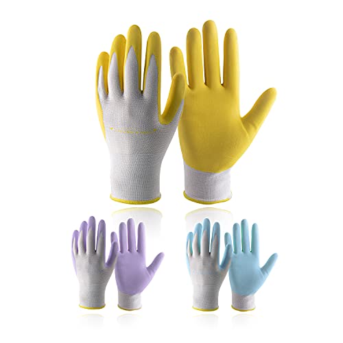 HANDLANDY Gartenhandschuhe für Damen, latexfrei, 3 Paar, atmungsaktiv, Nitrilbeschichtung, kleine Gartenhandschuhe, Hof-Arbeitshandschuhe (3, Small) von HANDLANDY