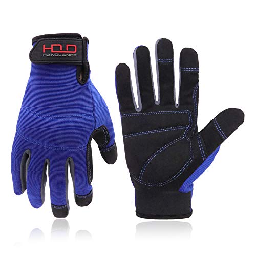 HANDLANDY Herren Touchscreen Arbeitshandschuhe, aus Kunstleder Nützliche Schutzhandschuhe mit Atmungsaktive Elastan Gepolsterte Gelenk & Handfläche;Blau (XL) von HANDLANDY