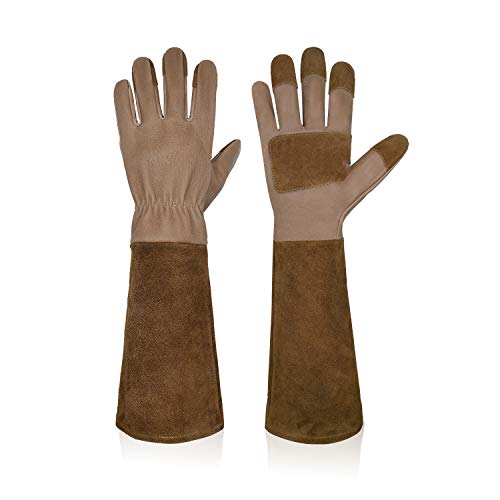 HANDLANDY Lange Gartenhandschuhe für Männer und Frauen, Schweinsleder, Rosen-Handschuhe, atmungsaktiv und langlebig, mit dornsicheren Stulpen (M, Braun) von HANDLANDY