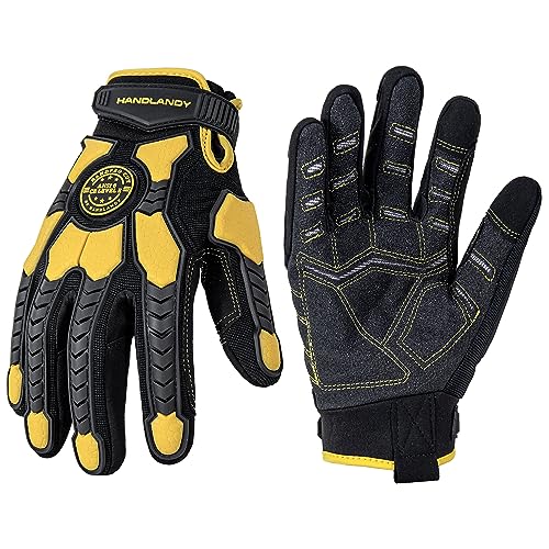 HANDLANDY Schnittfeste Handschuhe Männer Anti-Vibrations-Arbeitshandschuhe, gepolsterte Handfläche Grip Heavy Duty Arbeitshandschuhe (Schwarz-gelb, XL) von HANDLANDY
