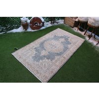 Gedämpfter Oushak Teppich, Kleiner Beige Und Blau, Dekorativer Wollteppich Für Das Haus, 1, 2x1, 5 M, Code 2114 von HANDMADEARTSCARPET