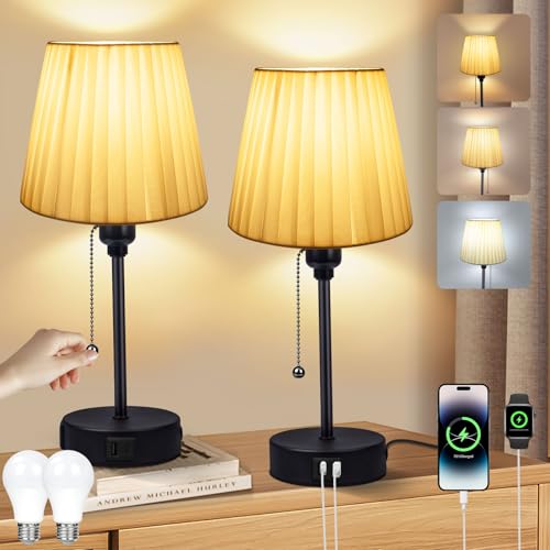 Nachttischlampe 2er Set - Nachttischlampe mit Ladefunktion USB A+C-Anschlüssen, 2 LED Birnen, Leinen-Lampenschirm 3 Einstellbare Farbtemperatur Tischlampe für Wohnzimmer Schlafzimmer Büro Kinderzimmer von HANDSONIC