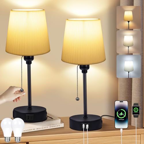 Nachttischlampe 2er Set - Nachttischlampe mit Ladefunktion USB A+C-Anschlüssen, 2 LED Birnen, Leinen-Lampenschirm 3 Einstellbare Farbtemperatur Tischlampe für Wohnzimmer Schlafzimmer Büro Kinderzimmer von HANDSONIC