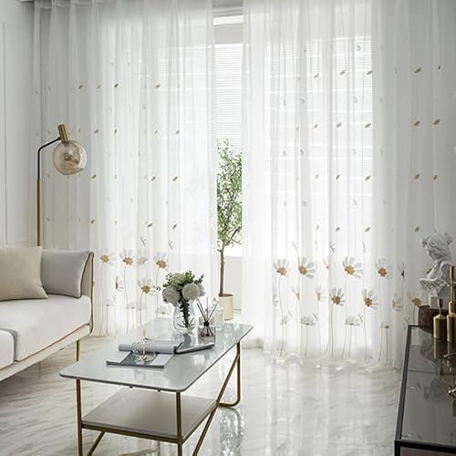 HANGJINLI 2er Set Sheer Voile 2 er Set（ B 132 X H 160 cm ） Blumenmuster Transparent Vorhang mit Ösen Transparente Gardine aus Voile Polyester Wohnzimmer Luftig Dekoschal für Schlafzimmer von HANGJINLI
