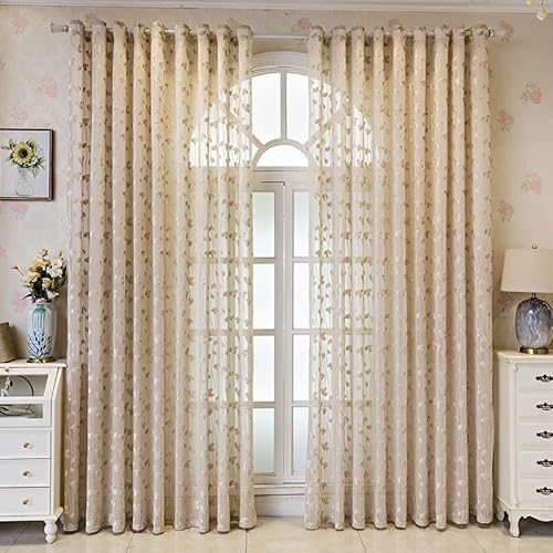 HANGJINLI Gardinen mit Ösen Transparente Blattmuster Optik Gardine Voile Ösenvorhang Ösenschal Durchsichtig Vorhang für Schlafzimmer Wohnzimmer 2 er Set （ B 132 X H 160 cm ） Braun von HANGJINLI