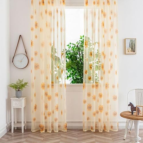 HANGJINLI Voile Gardinen Vorhang Blumenmuster Vorhang halbtransparent Ösen in Stores Gardinen für Wohnzimmer Schlafzimmer Kinderzimmer Vorhang Orange 2 er Set（ B 142 X H 183 cm ） von HANGJINLI