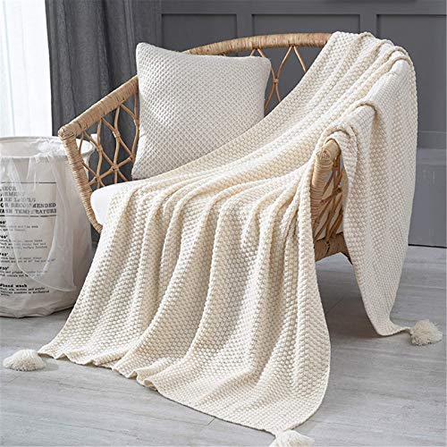 HANHAN Gestrickte Decke mit Quaste, Kuscheldecke Strickdecke Waschbar Sofadecke Weiche Überwürfe Tagesdecke für Stuhl, Couch, Sofa und Bett,150x200cm,Beige von HANHAN