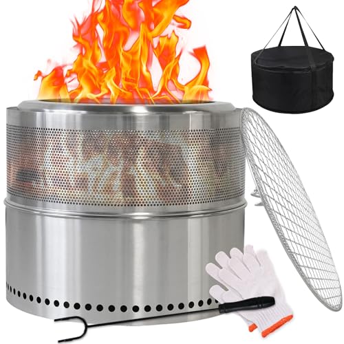 Feuerschale Edelstahl 50cm, Rauchfreie Feuerschale mit Grillrost, Aufbewahrungstasche, Abnehmbarer Aschekasten, Feuertonne, Tragbare Feuerstelle für Den Garten, Terrasse Balkon (Style 1) von HANHAOWELL