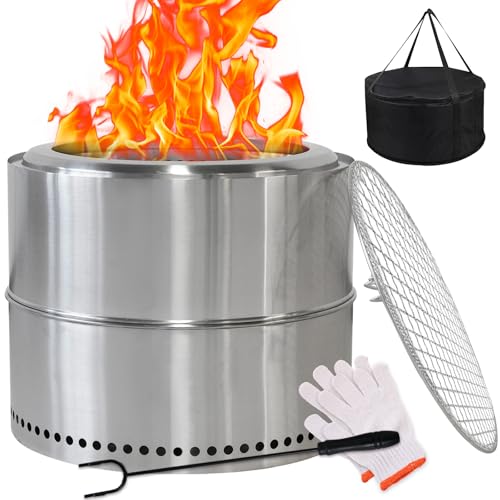 Feuerschale Edelstahl 50cm, Rauchfreie Feuerschale mit Grillrost, Aufbewahrungstasche, Abnehmbarer Aschekasten, Feuertonne, Tragbare Feuerstelle für Den Garten, Terrasse Balkon (Style 2) von HANHAOWELL