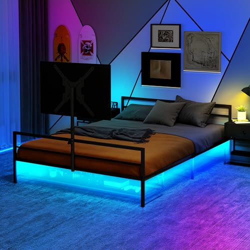 HANHAOWELL bettgestell 90x200, Schwarzes Gaming-Bett mit Verstellbarer Halterung, LED-Beleuchtung und Unterbett-Aufbewahrungskörben. Großes Metallbett mit Einer Länge von 206 cm. von HANHAOWELL
