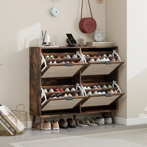 Schuhschrank mit vier Türen (105x24x91cm), Retrobrauner schuhschrank Schmal, Rattan-Optik Flip-Schubladen Schuhschrank, Doppeltem Regal, mit Rückwand, für Flure und ähnliche Bereiche (Burly Wood) von HANHAOWELL