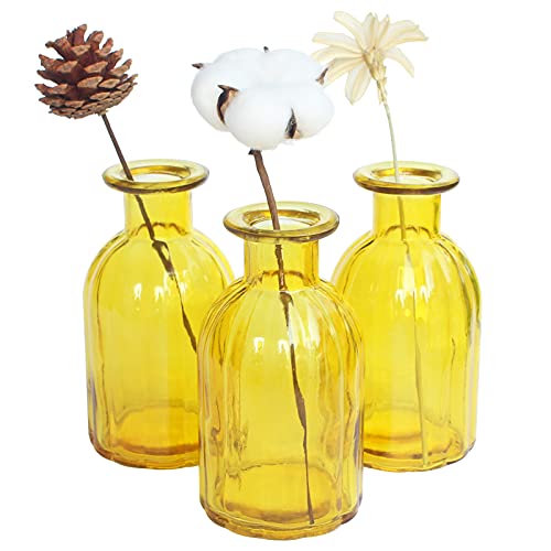 HANIHUA Glasvase für Blumen, kleine Knospenvase für Dekoration, 3 Stück, dekorative Vasen-Set für Zuhause, runde Vintage-gelbe Glasflaschen, Vase für rustikales Zuhause, Einweihungsfeier, 7x13.7 cm von HANIHUA