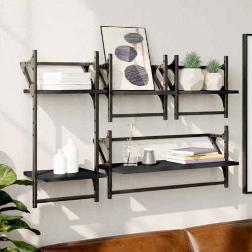 4-Piece Floating Wall Shelf Set with Hanging Rods Black Wood Material Storage Organizer for Living Room Bedroom Kitchen Home Decor Display von HANJIEFACAI
