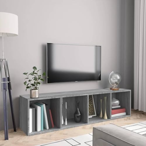 Bücherschrank TV-Schrank Grau Sonoma 143x30x36cm Holzwerkstoff Wandregal mit 4 Fächern für Bücher Zeitschriften Multimedia Geräte Wohnzimmer Schlafzimmer von HANJIEFACAI
