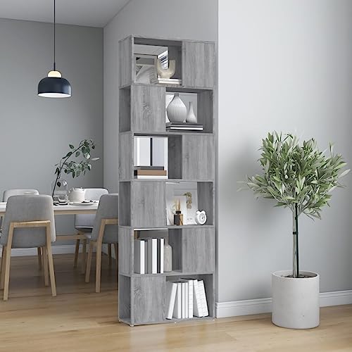 HANJIEFACAI Bücherregal/Raumteiler Grau Sonoma 60x24x186 cm Small Bookcase Book Shelf Cabinet Display Cabinet für Wohnzimmer Schlafzimmer Flur Arbeitszimmer von HANJIEFACAI