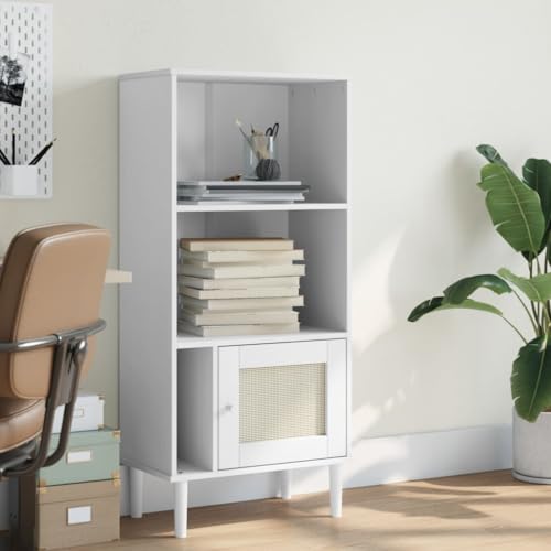 HANJIEFACAI Bücherschrank SENJA Rattan-Look Weiß 60x35x130 cm Kiefernholz Small Shelf Bookcase Small Bookshelf Bookshelves für Flur Arbeitszimmer Balkon Wohnzimmer von HANJIEFACAI