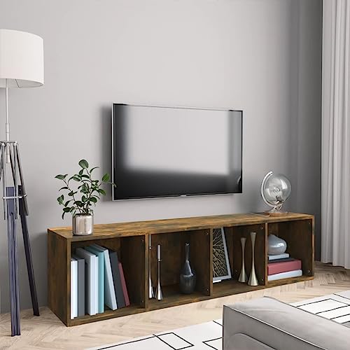 HANJIEFACAI Bücherschrank TV-Schrank Räuchereiche 143x30x36cm Holzwerkstoff Bookshelf Media Storage Cabinet with 4 Shelves for Living Room Bedroom Office von HANJIEFACAI